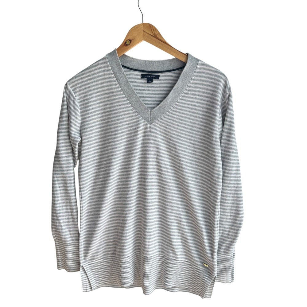 Tommy Hilfiger Sweater Top Gray Knit Striped V-Neck Pullover S/P